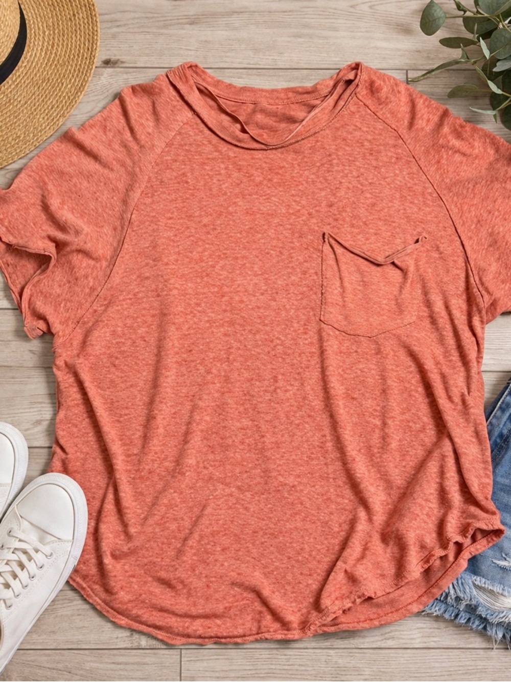 Free People We The Free Tee XL Coral/Orange Boho Pocket Slouchy